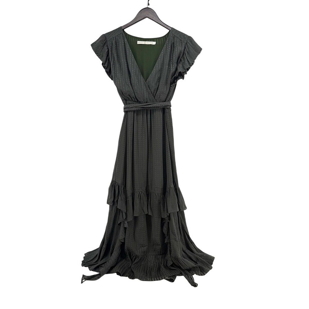 Marie Oliver Green‎ Dobby Dot Ruffle Wrap Maxi Dress Size M Forest Green Tiered
